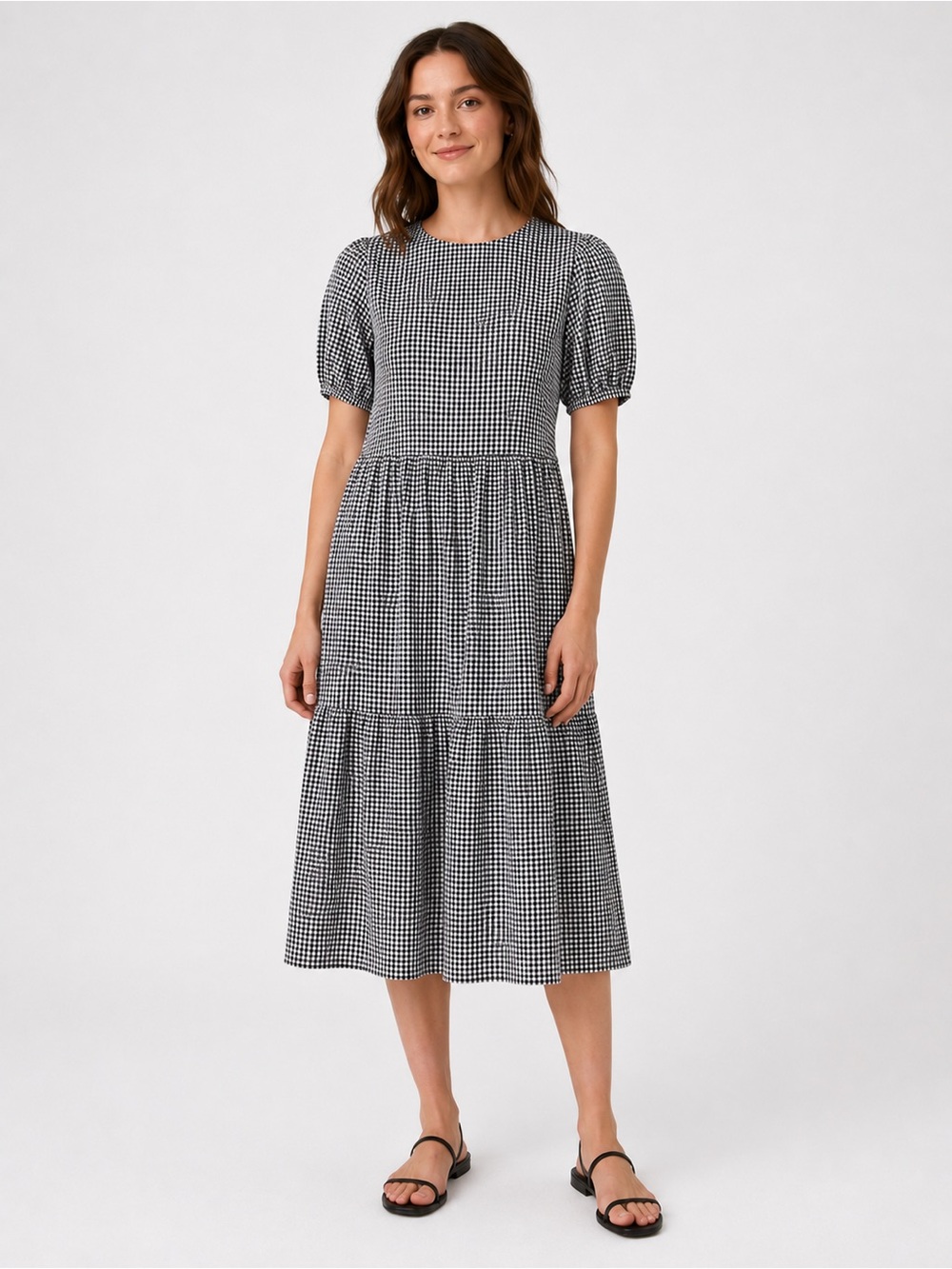 Cottagecore ‎ Euro Summer Gingham Seersucker Puff Sleeve Tiered Midi Dress M